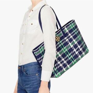 TORY BURCH Duet Leather Woven Tote Handbag Shopping Rare Houndstooth w Dust Bag